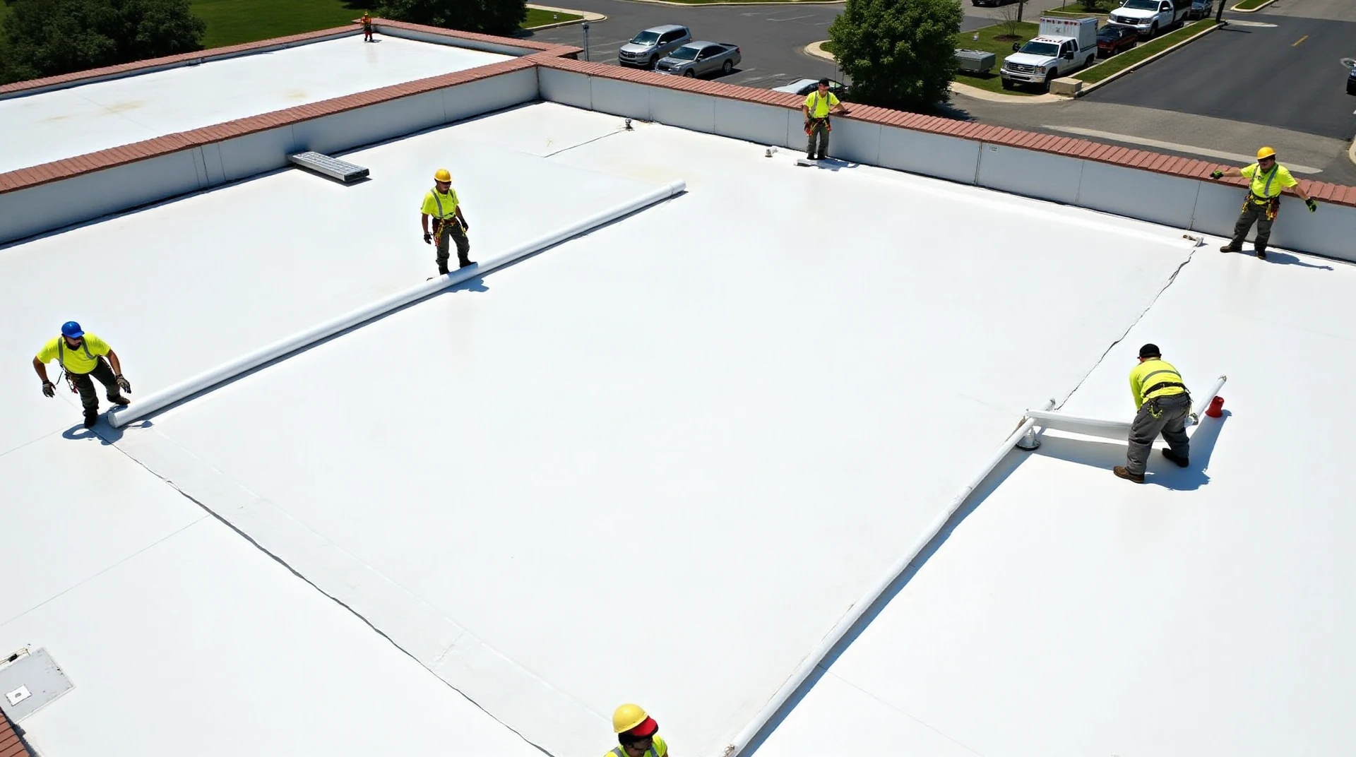 Roofing crew in safety harnesses rolling out a white single-ply membrane across a large commercial flat roof on a bright clear day, aerial three-quarter view