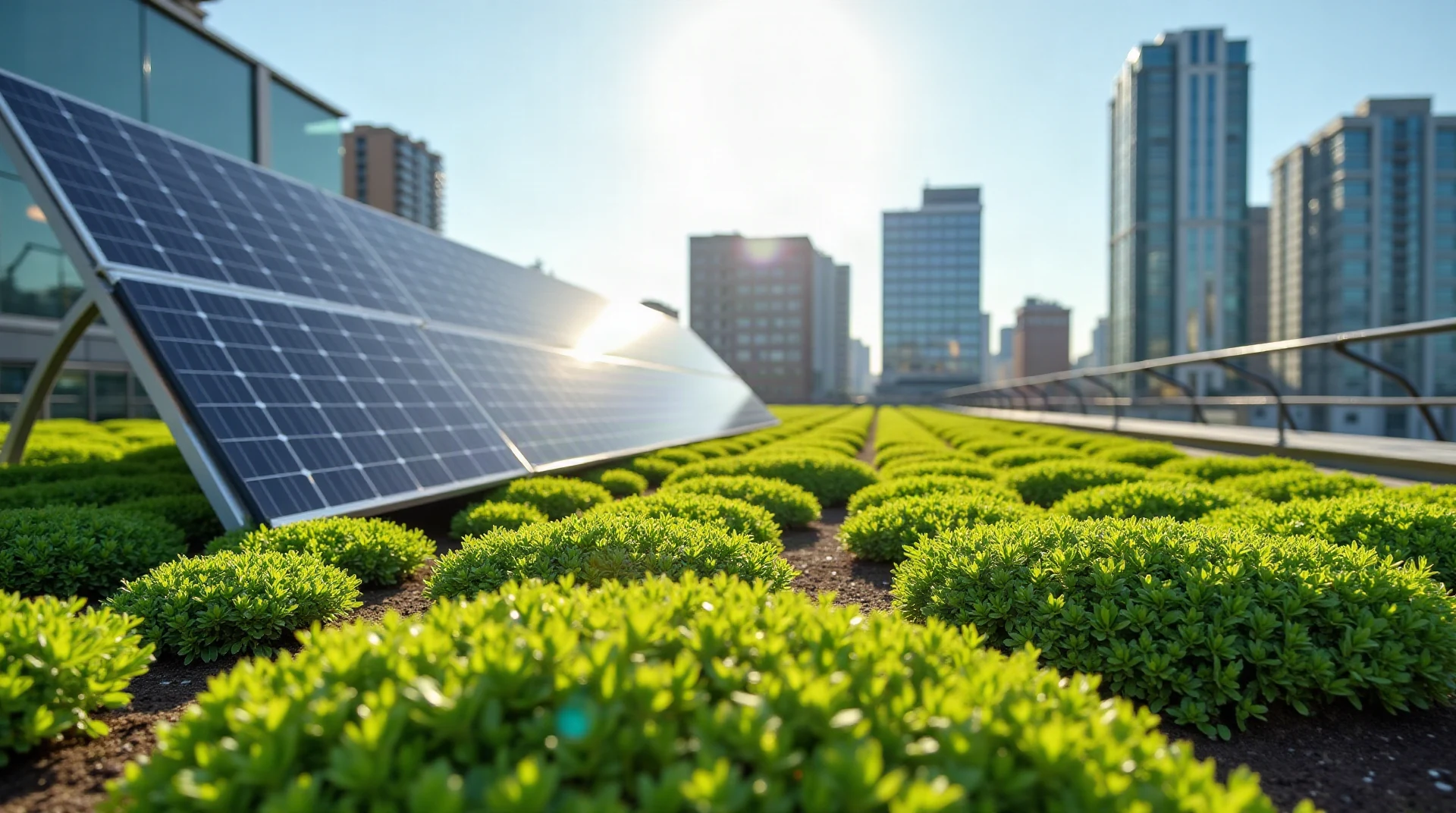 Green roof garden with sedum plantings and solar panel array on top of a modern city building, wide daylight view