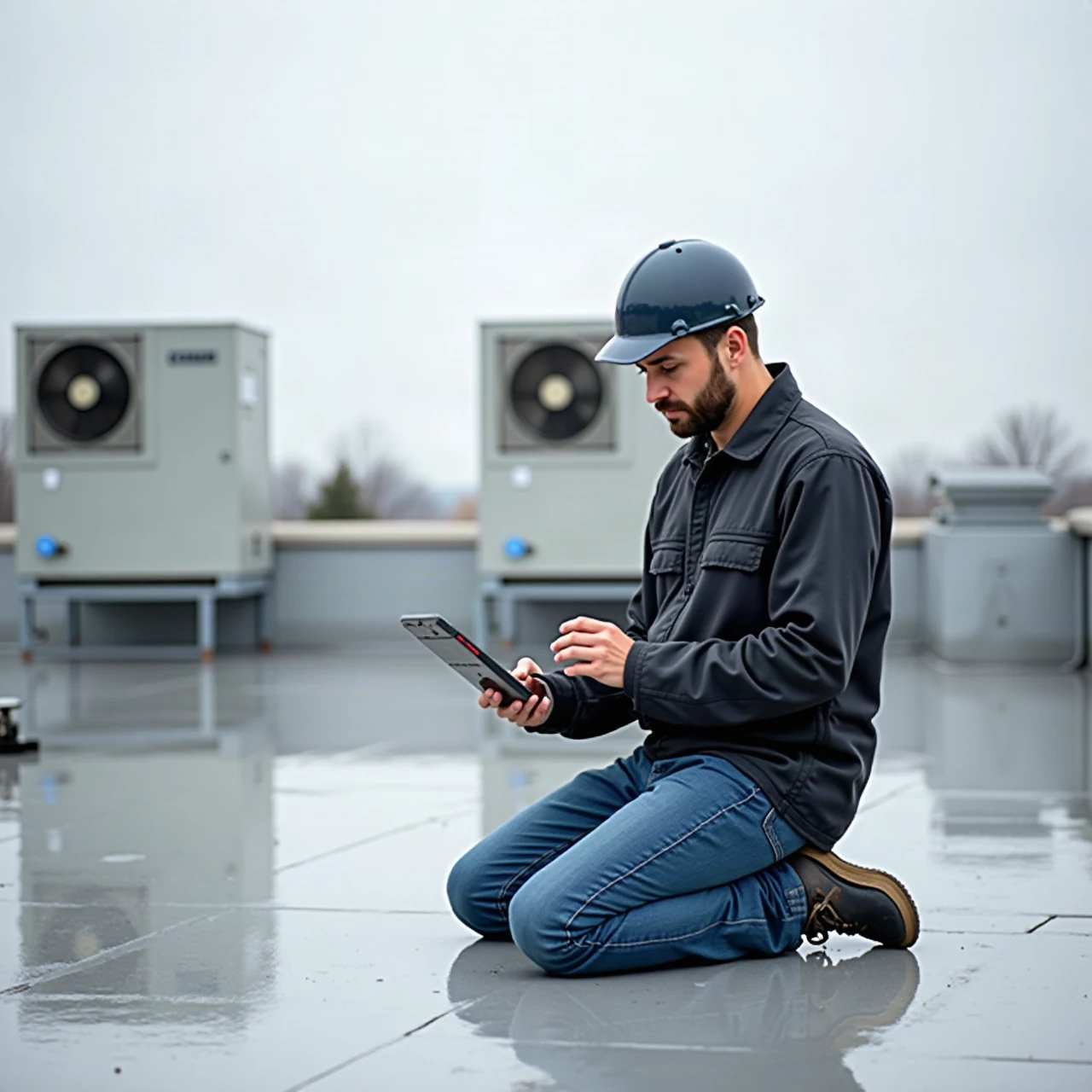 Roof inspector kneeling on a low-slope commercial rooftop examining seams with a tablet, rooftop HVAC units behind, overcast daylight