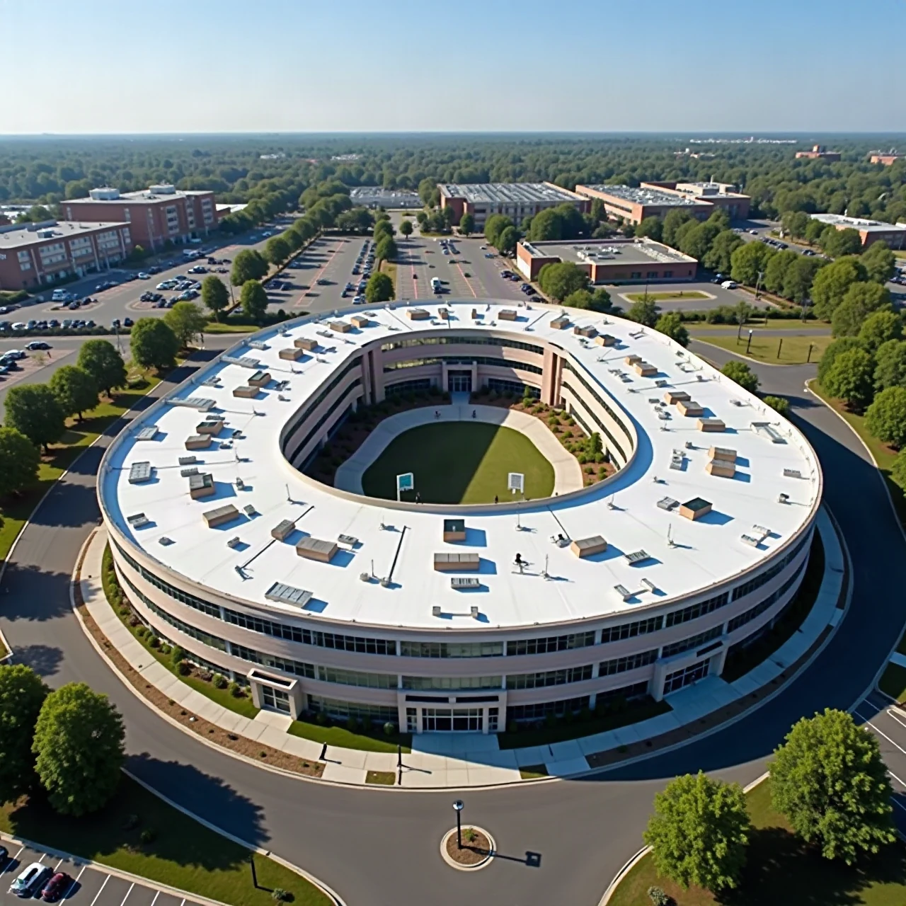 Aerial view of a curved multi-storey hospital building with a new low-slope roof and rooftop equipment, clear day