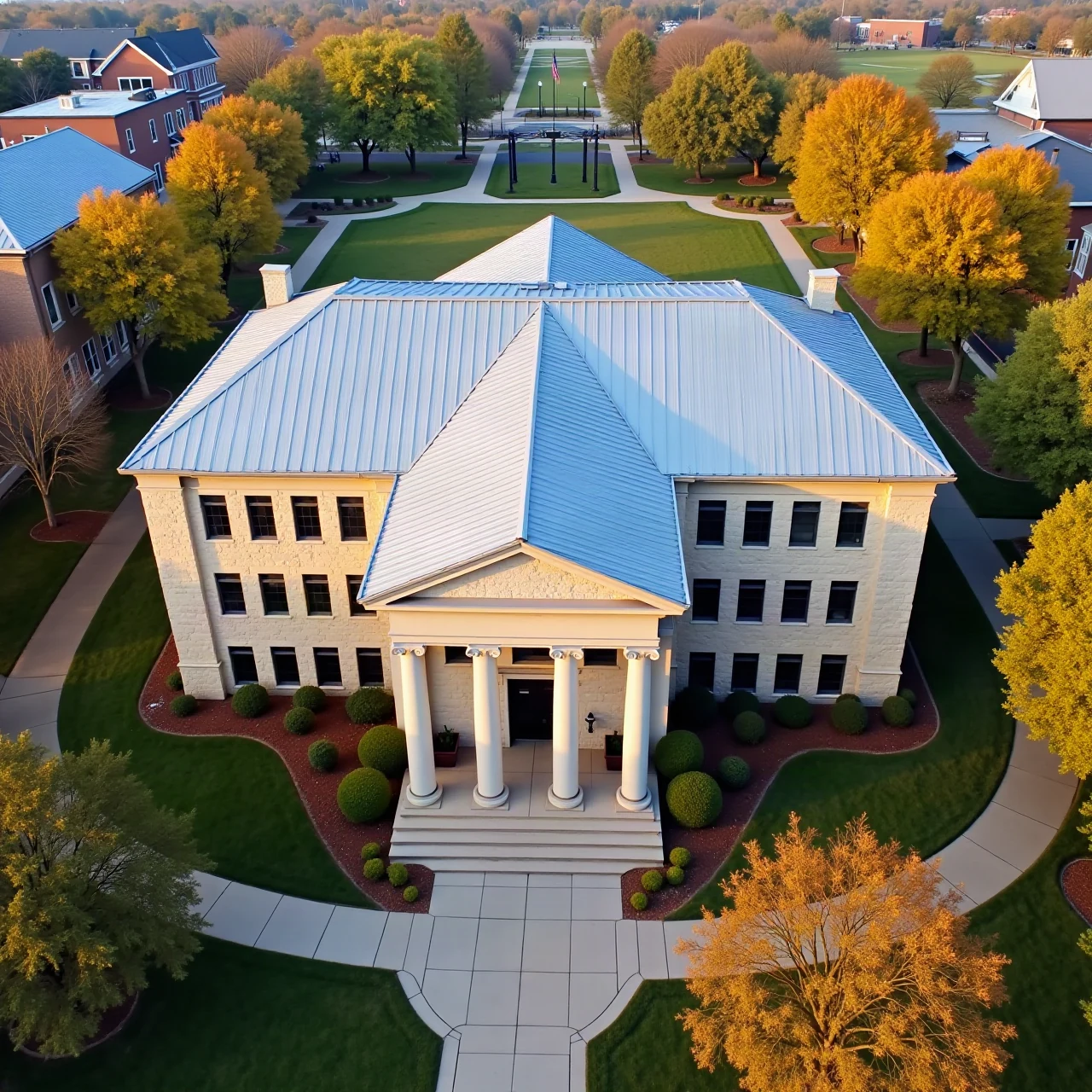 Aerial view of a historic stone institutional building with a new standing seam metal roof and columned portico, autumn daylight