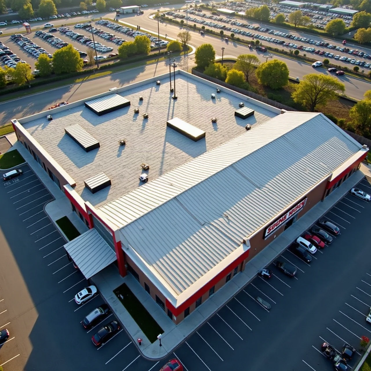 Aerial view of a large single-storey retail store with an expansive metal and low-slope roof and parking lot beyond, late afternoon light