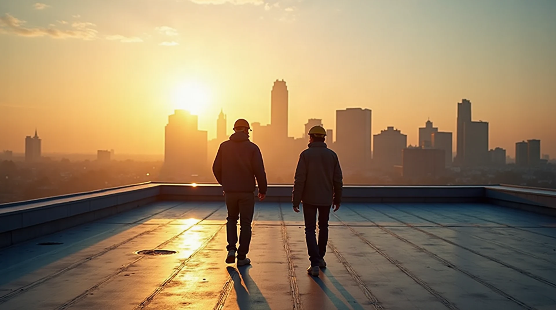 Two roofers walking a high-rise commercial rooftop at golden hour with a city skyline behind them, wide view