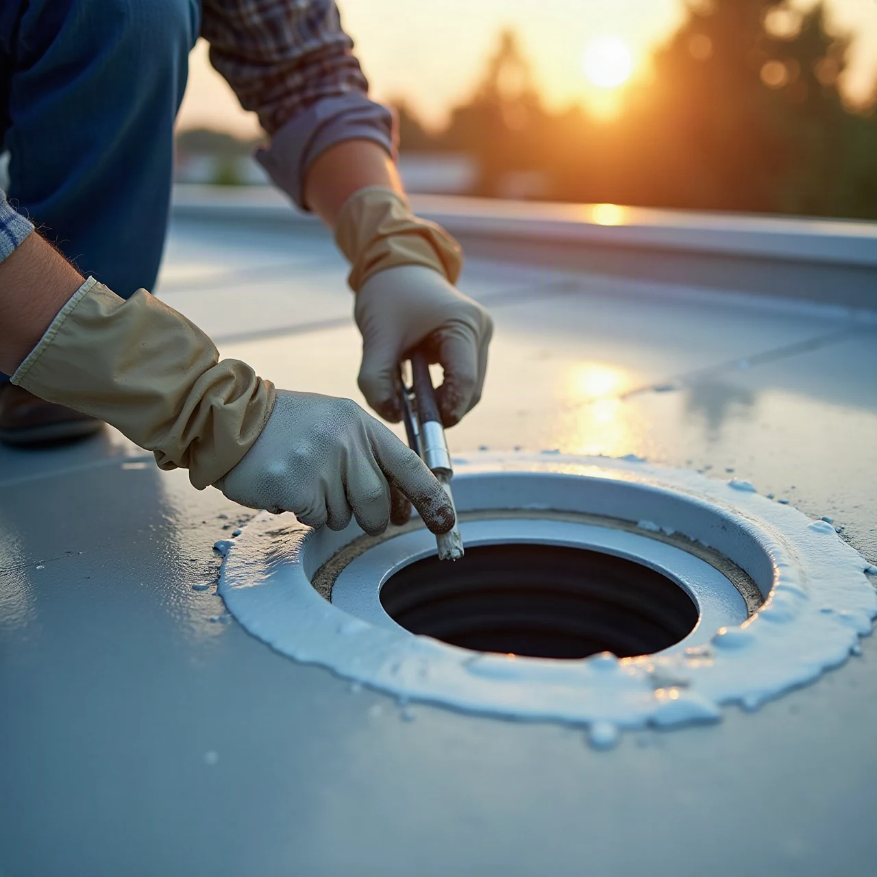 Close-up of hands applying liquid waterproofing coating around a rooftop drain and flashing detail on a commercial roof, morning light